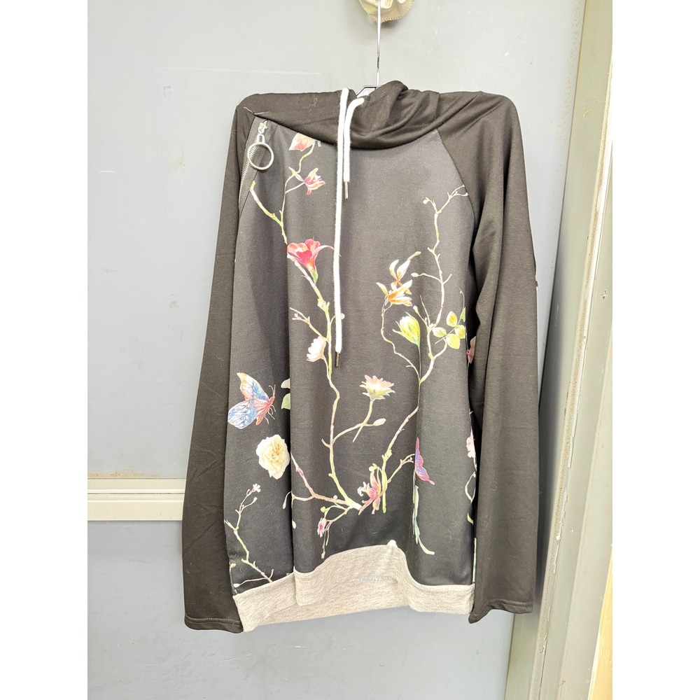 Loveu.Dear Floral Butterfly Graphic Hoodie Black Grey XL NWT Quarter Zip Ring